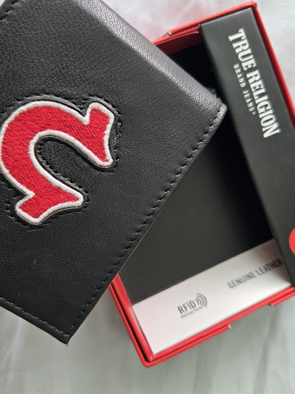 True Religion Black Leather Card & Key Holder with Red Logo Patch